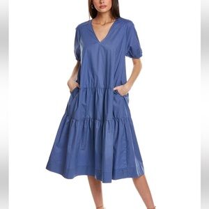 Calme by Johnny Was 100% cotton, tiered midi dress, puff sleeves, pockets.